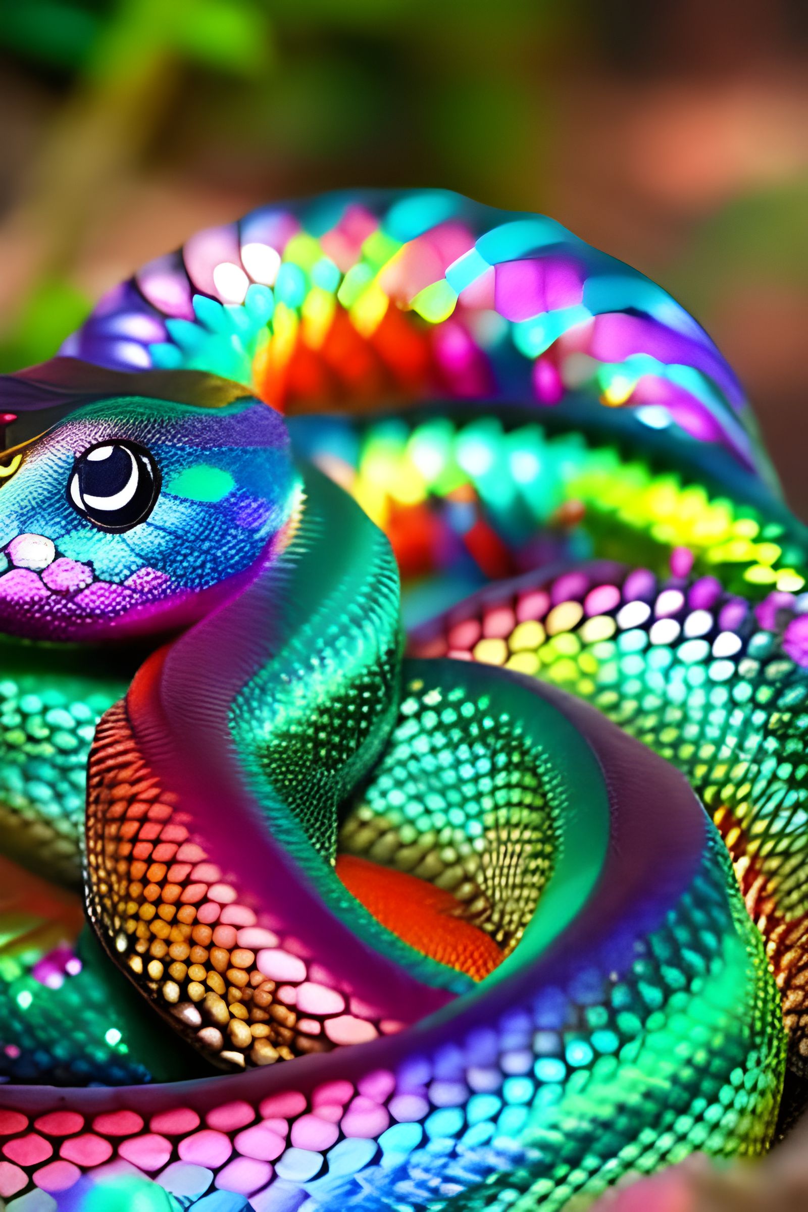 Kawaii Rainbow Serpent in Shimmering Forest