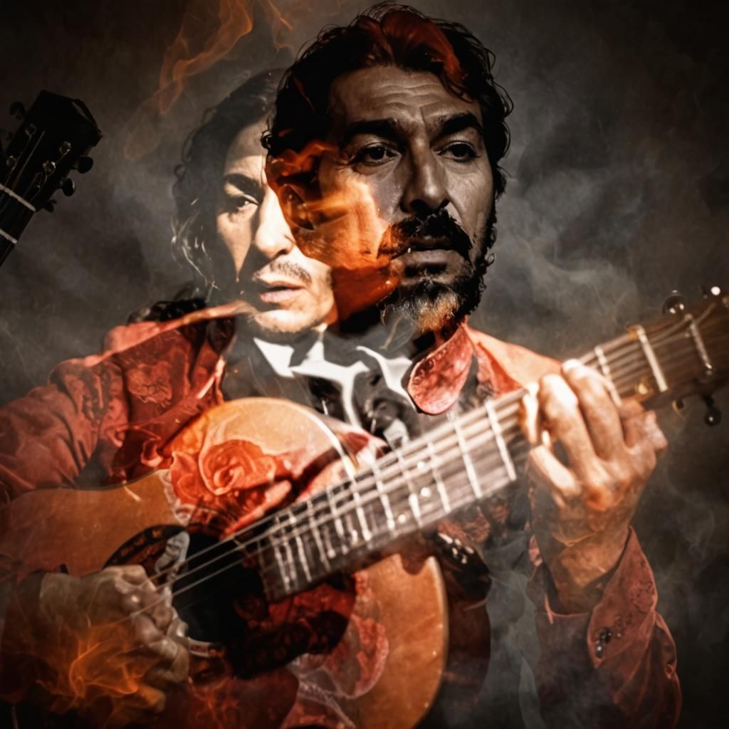 Dramatic Flamenco Guitarists in Double Exposure