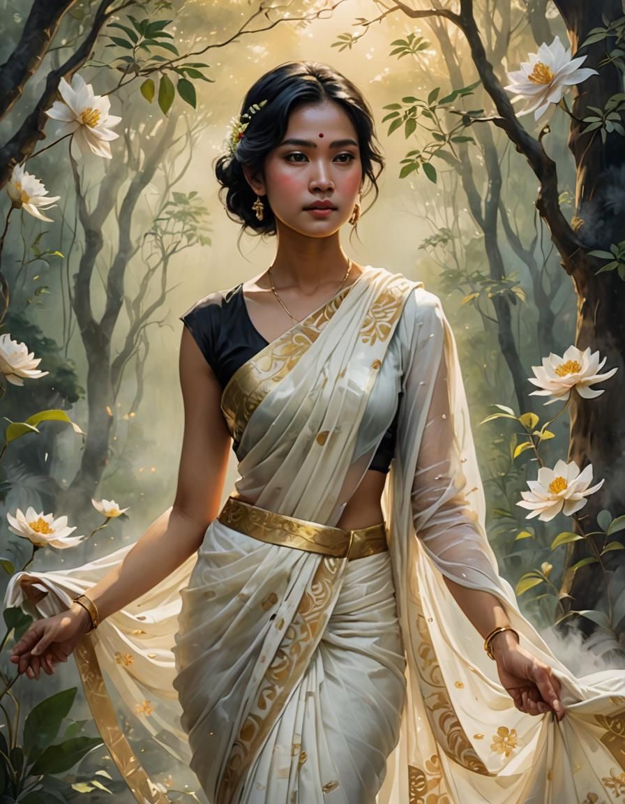 Ethereal Woman in Silk Sari, Fantasy Art