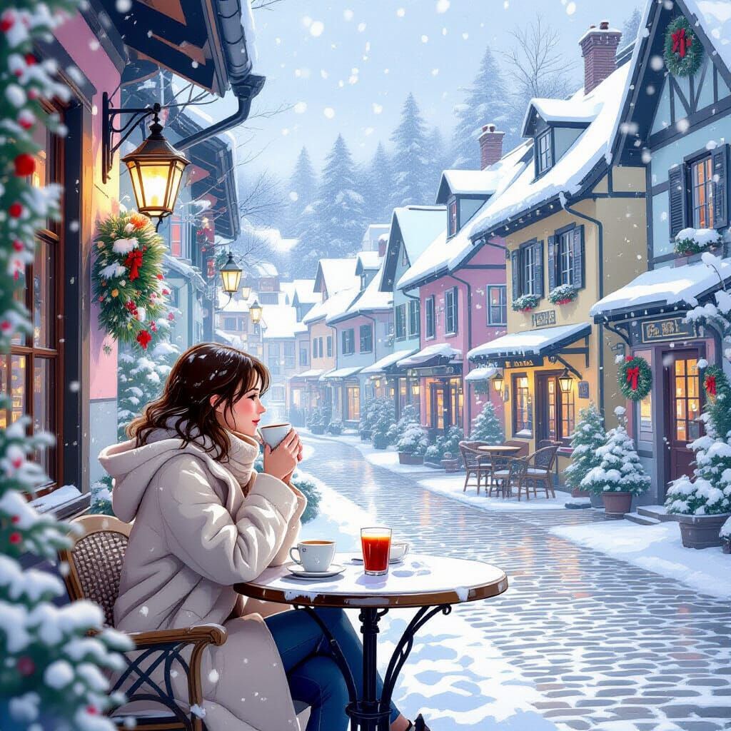 Woman Enjoys Coffee in Snowy Winter Village