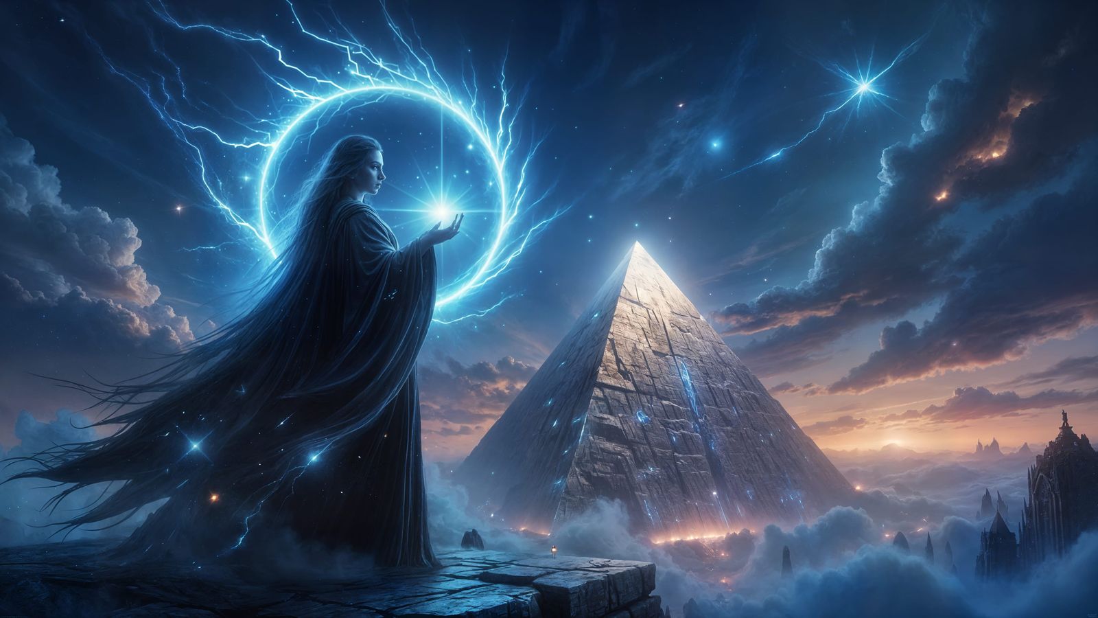 Sorceress Conjures Starlight Vortex on Crystalline Pyramid