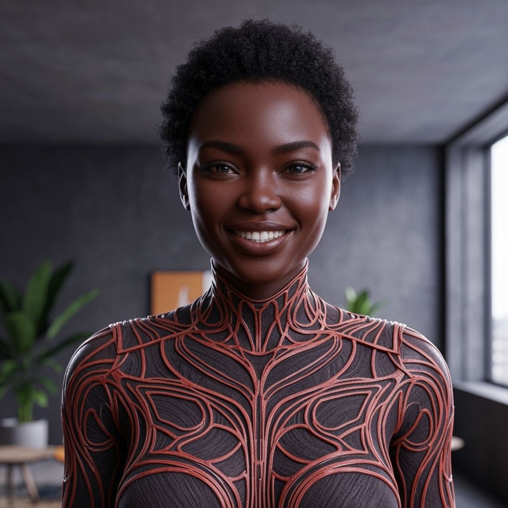 Smiling Woman in Abstract Outfit, Digital Art Portrait