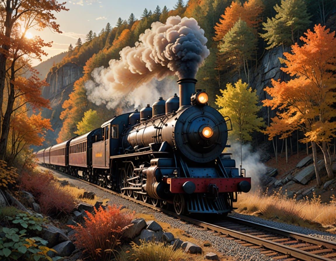 Historic Steam Train in Autumn Valley at Sunset Watercolor