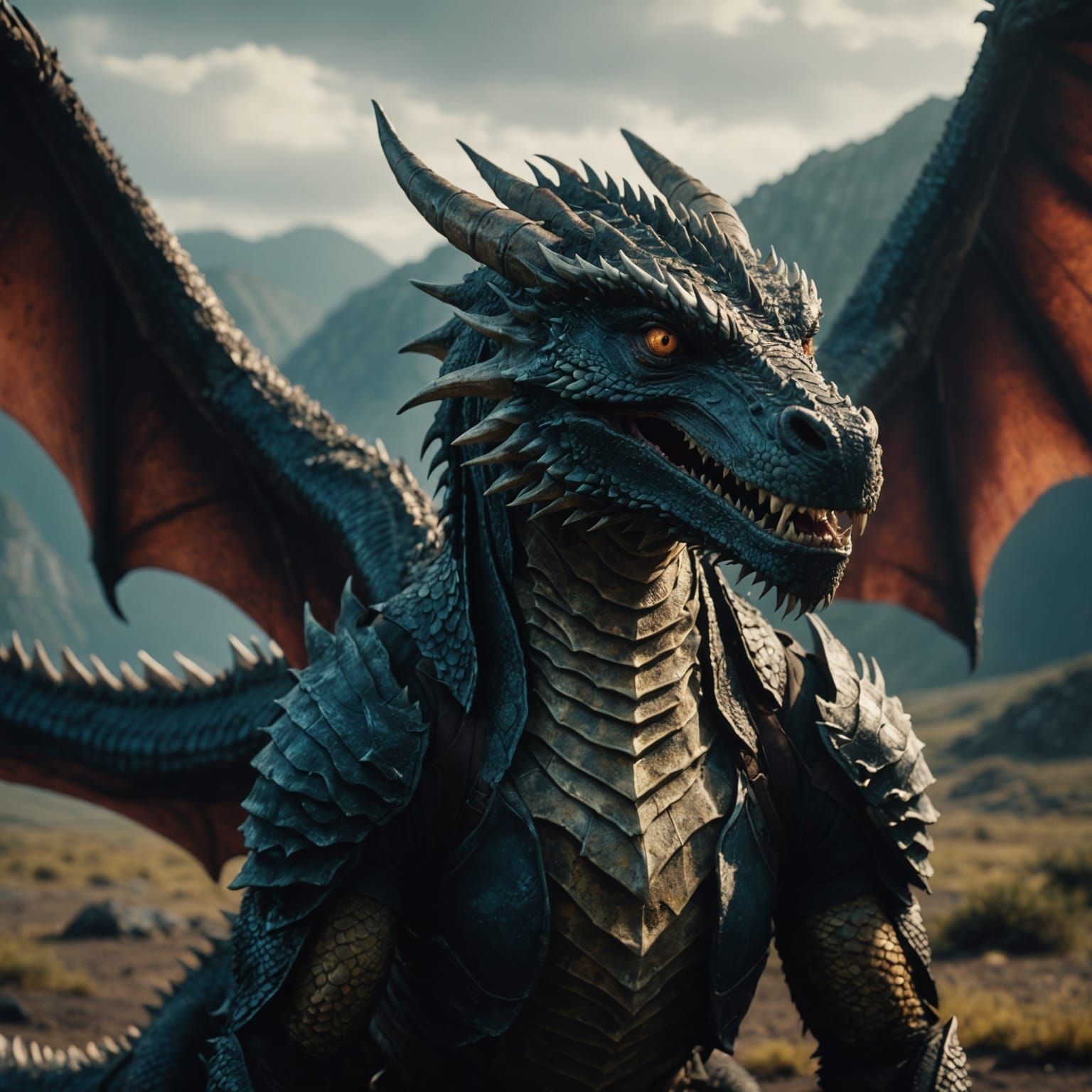 Epic Dragon Cinematic Still in Film Grain