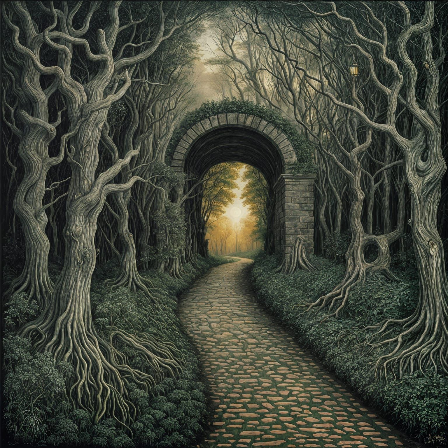Surreal Forest Road in Pre-Raphaelite Style