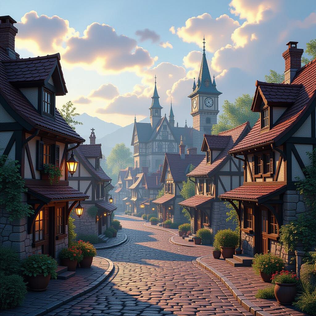 Quaint Rural Town Morning Fantasy Art