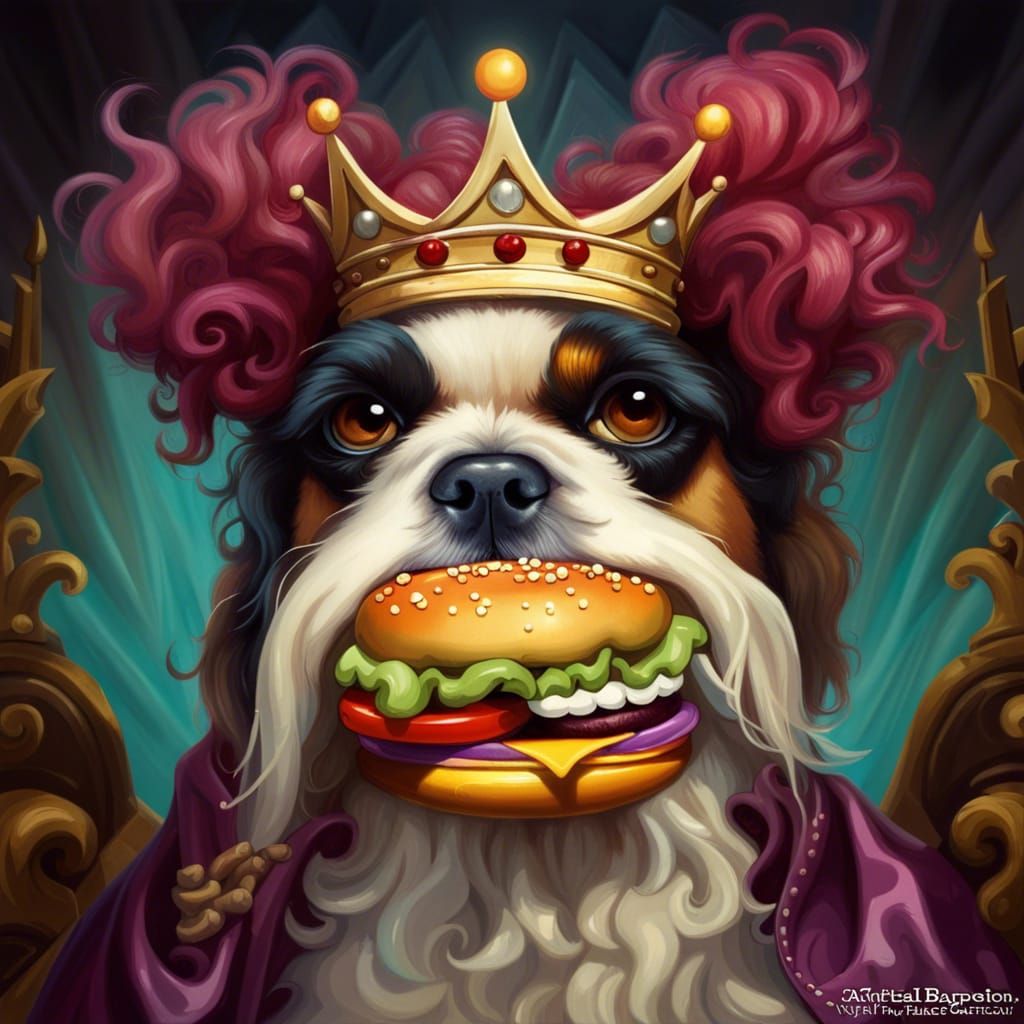 King Charles Eats a Burger in Baroque Chibi Style
