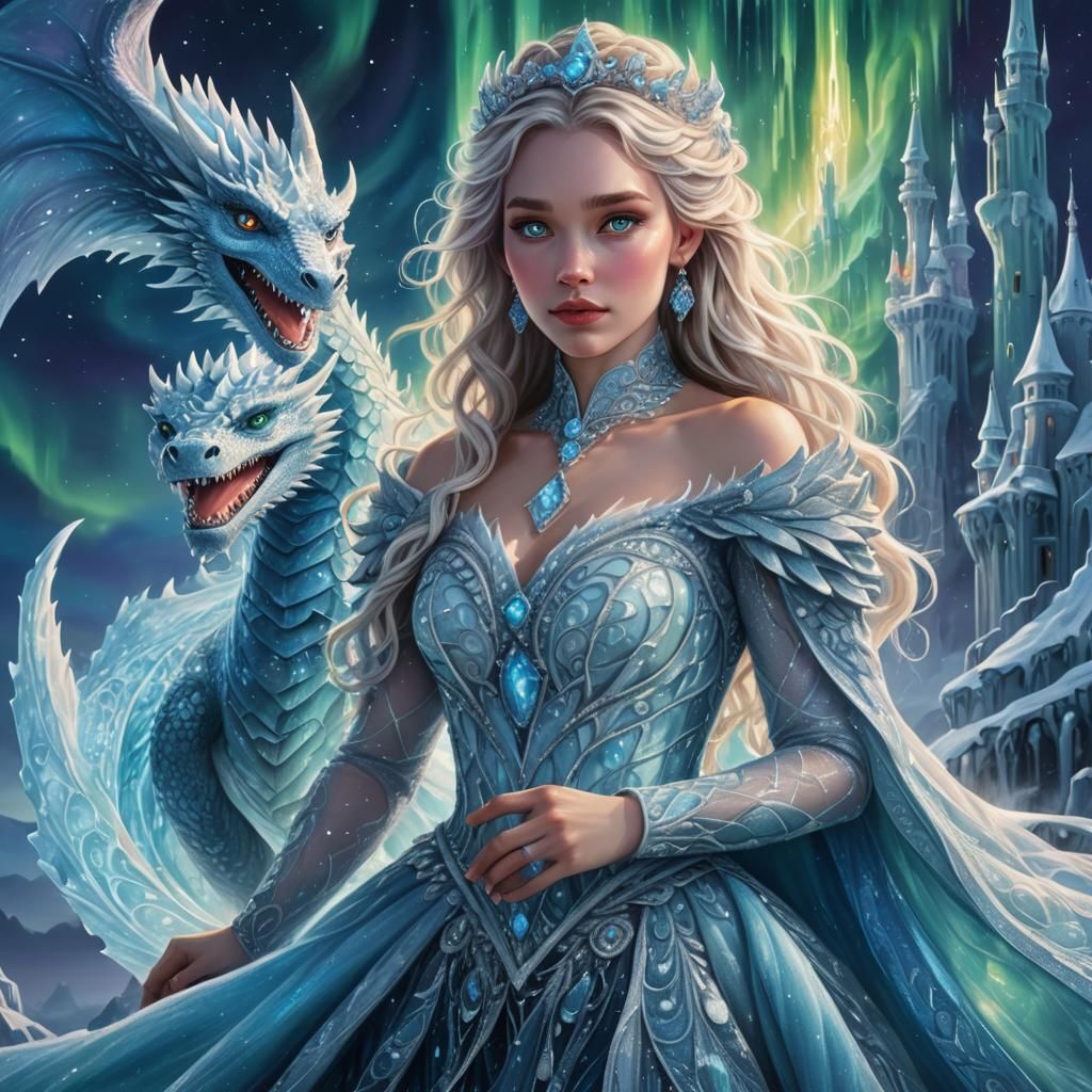 Ice Princess with Dragon in Fantasy Landscape