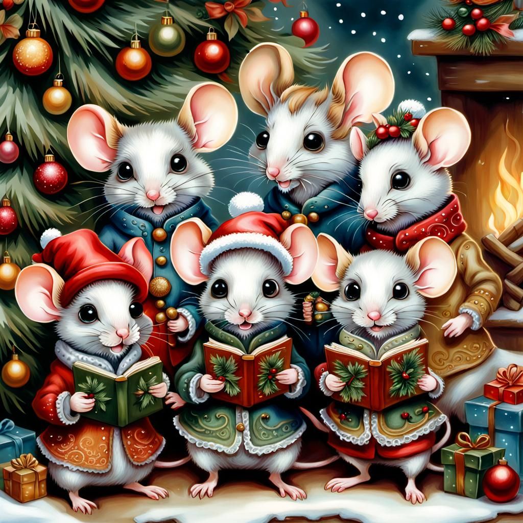 Victorian Mice Caroling in Airbrush Art Style