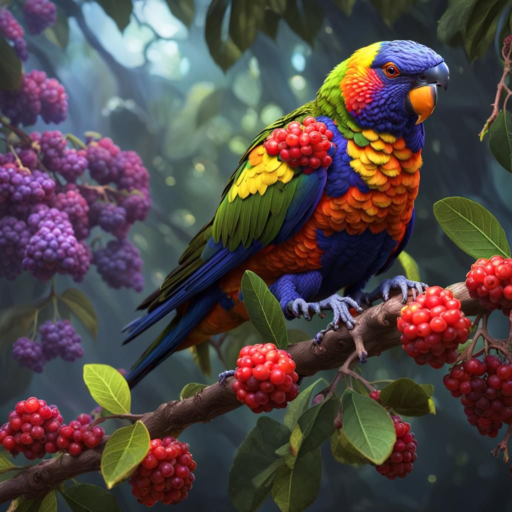 Rainbow Lorikeet Feast: Hyperdetailed Dark Fantasy Art