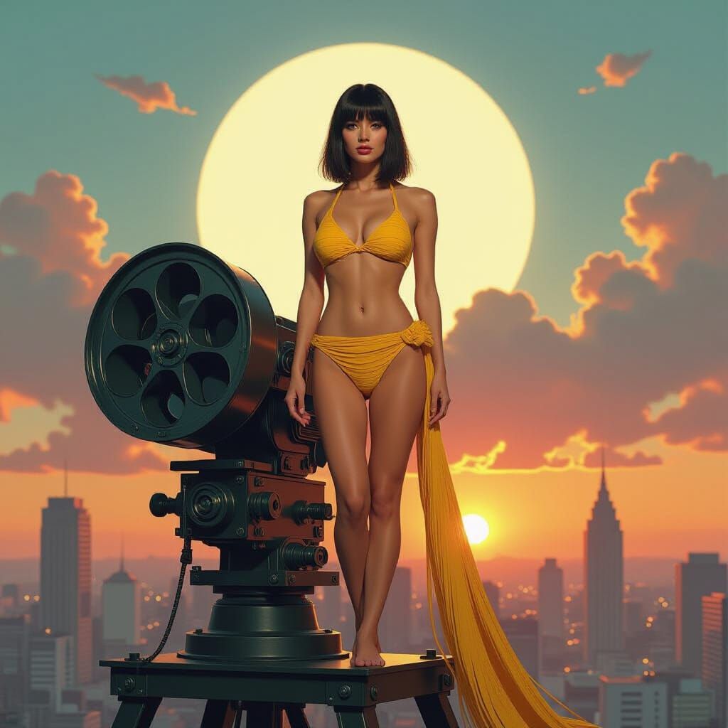 Woman on Projector in Surreal Cityscape, Photorealistic Art