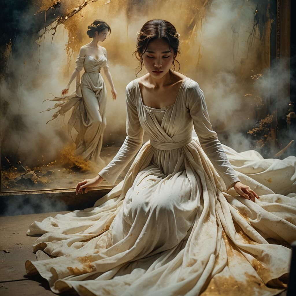 Maiden Emerges from Patina Frame in Cinematic Style