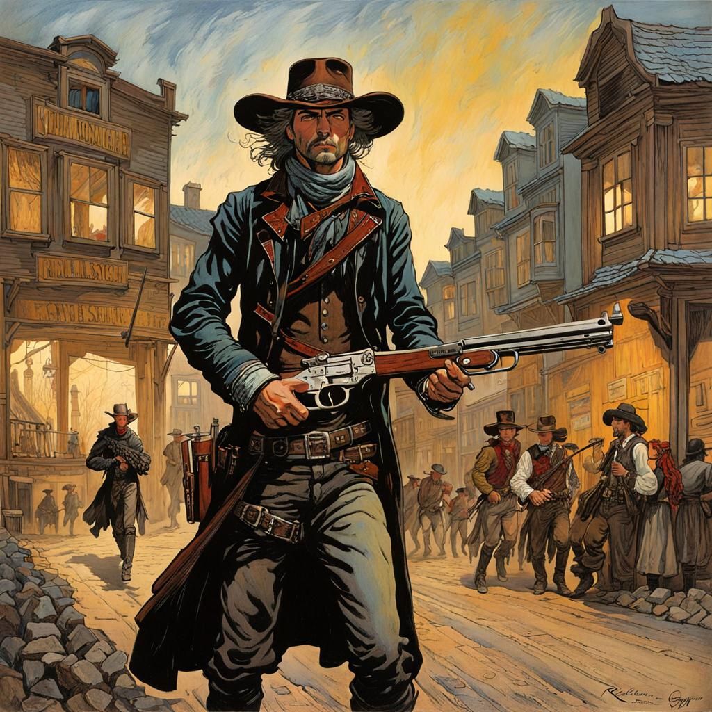 Gunslinger in Wild West Village Illustration