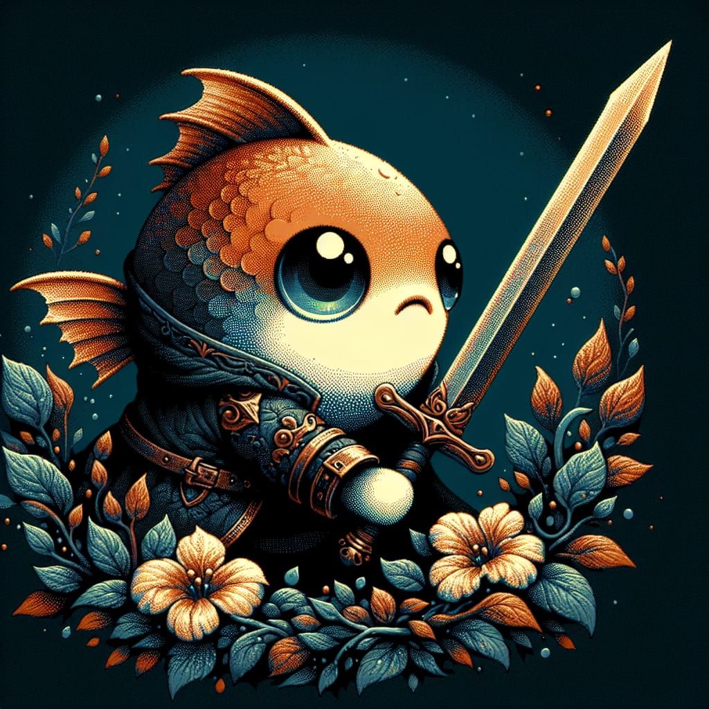Adorable Fish Brandishing Sword: Hyperdetailed Fantasy Art