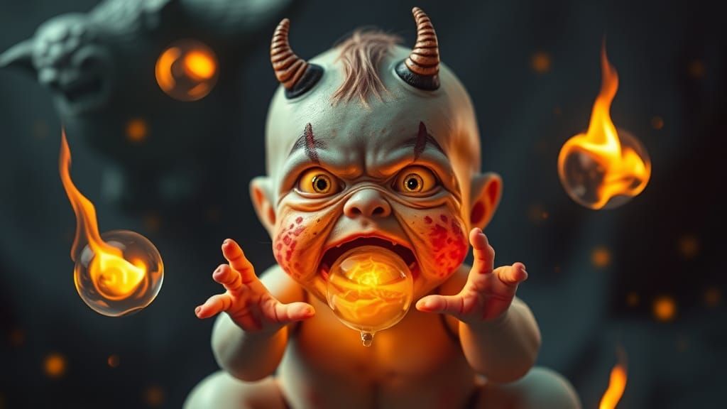 Encaustic Painting of Adorable Fire-Breathing Baby Monster