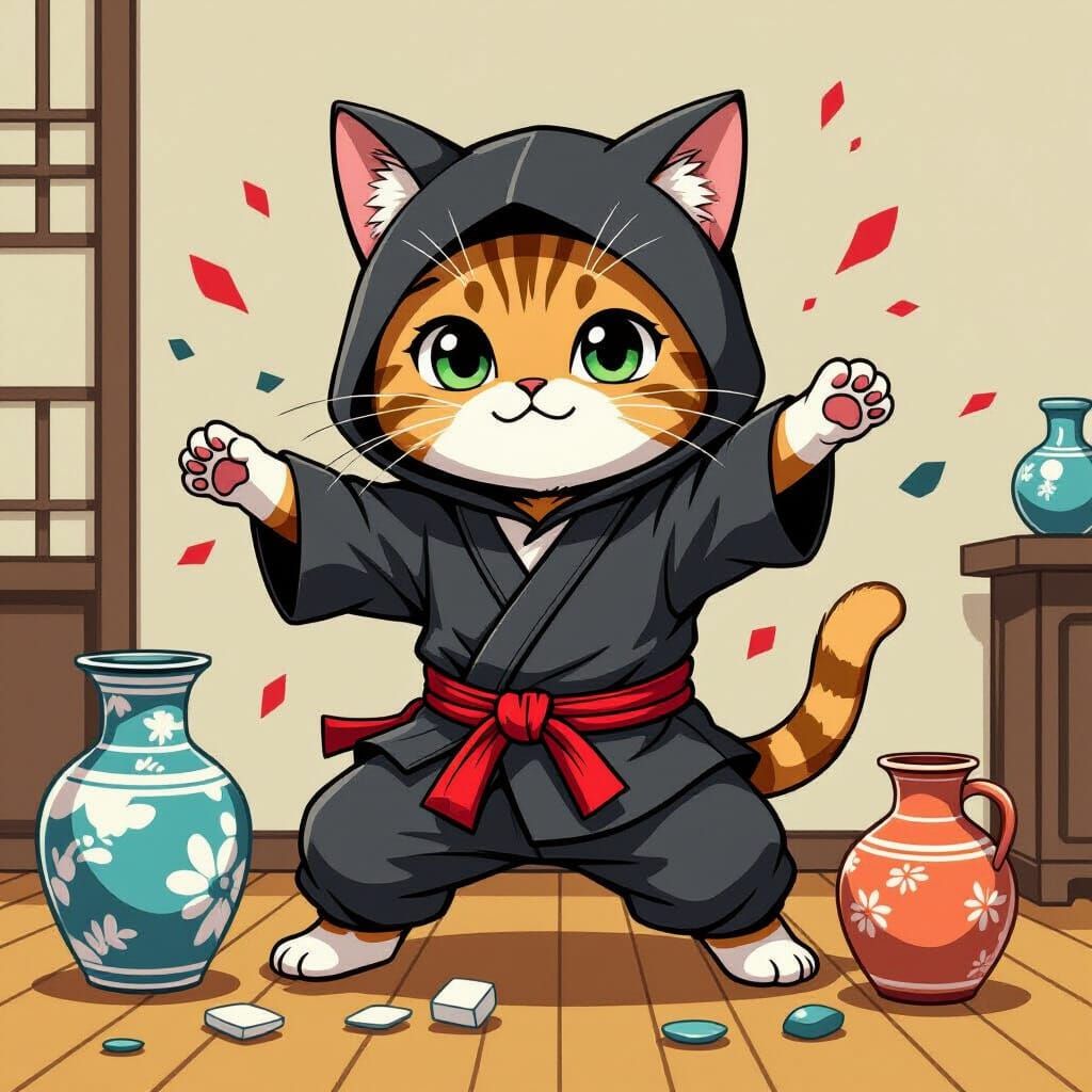 Clumsy Ninja Cat's Hilarious Mishap in Anime Style