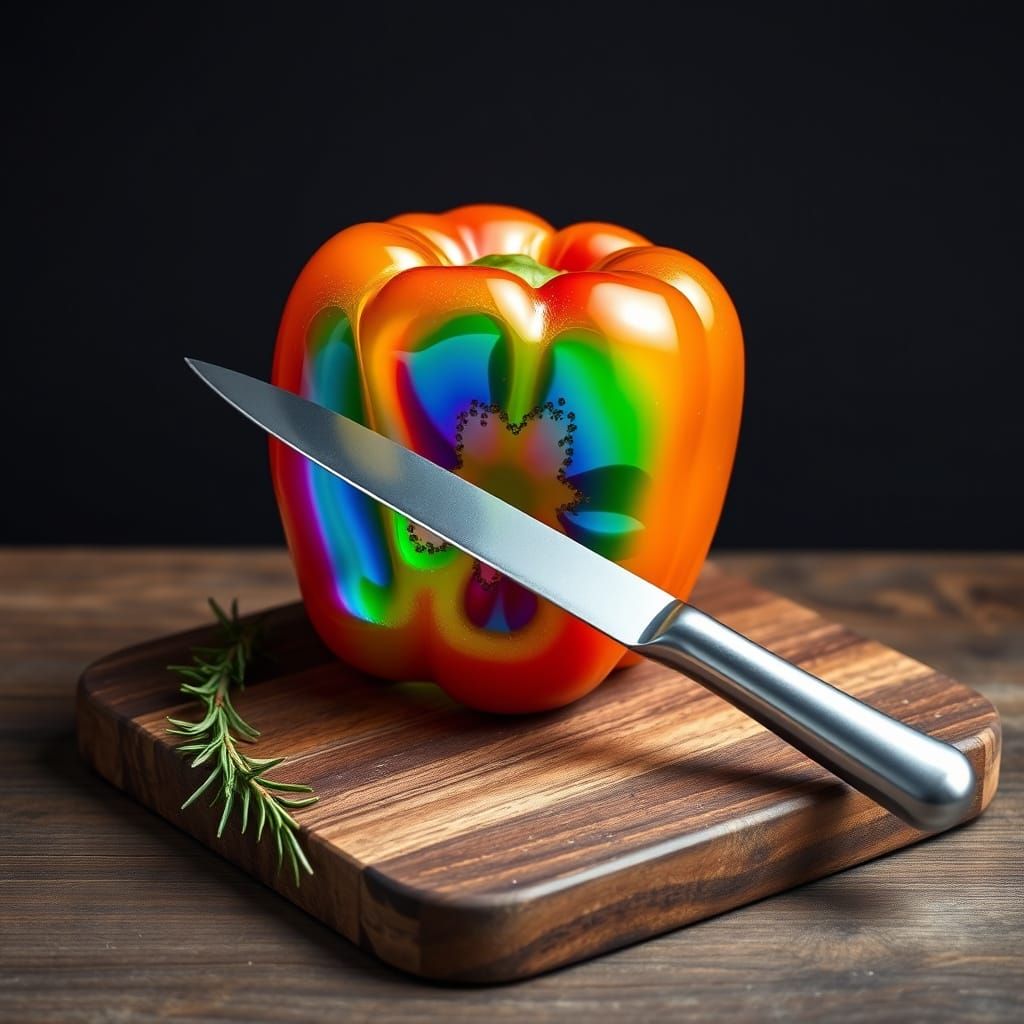 Glass Bell Pepper with Rainbow Colors on Wooden Board