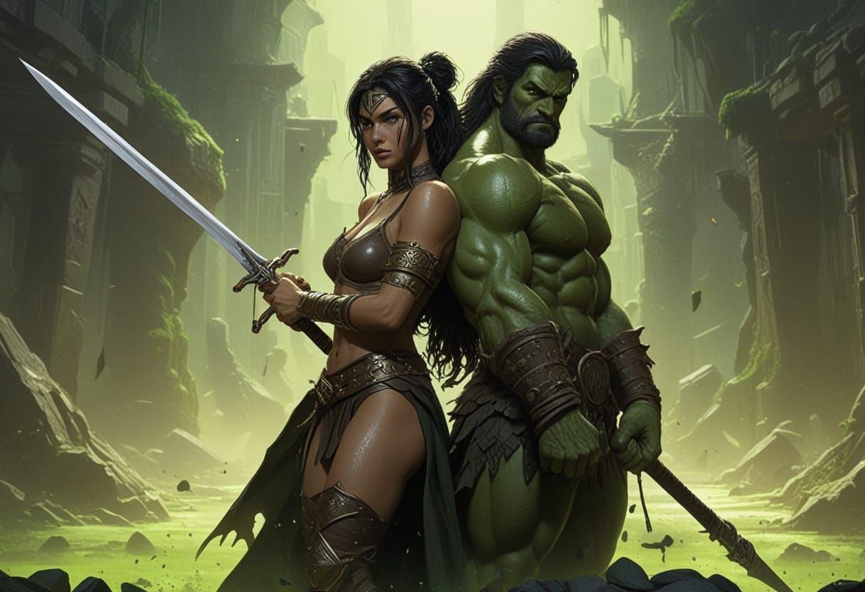Epic Fantasy Warrior Woman in Dark, Lush Pit