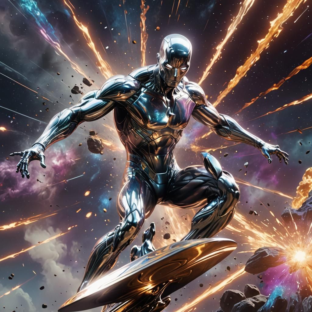 Silver Surfer Rides Cosmos in Vivid Explosion