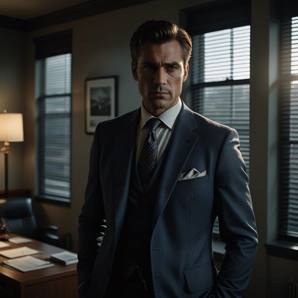 Moody Film Noir Figure in Dark Gray Suit