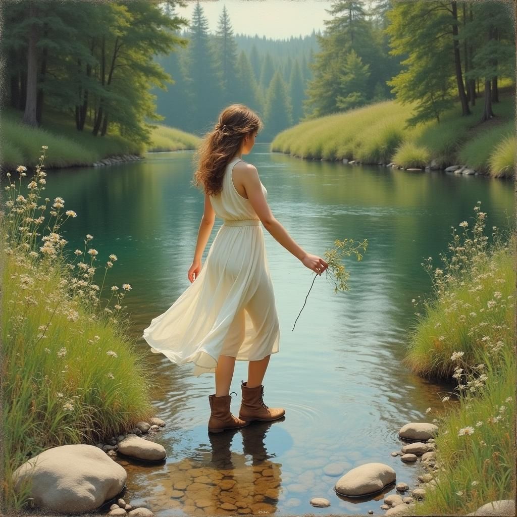 Woman with Wildflower in River, Impasto Style