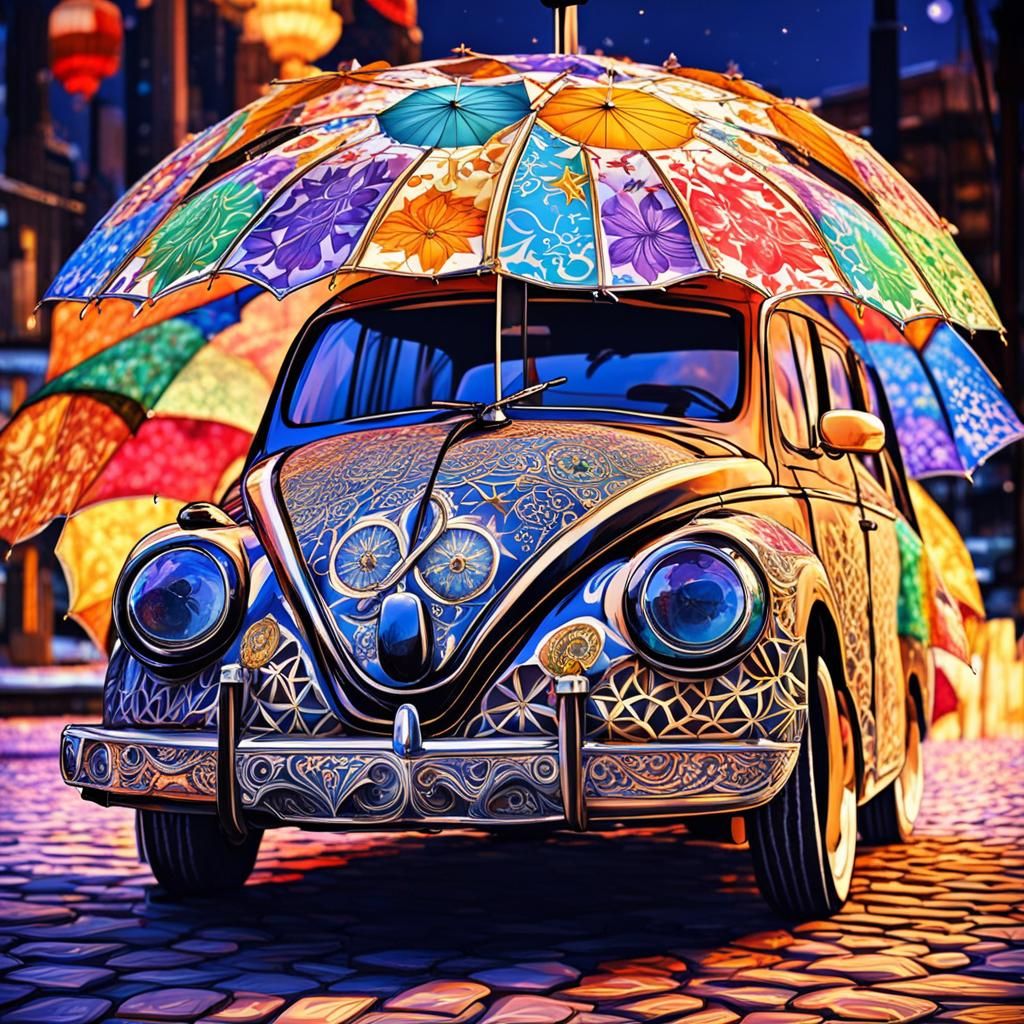 Futuristic Art Car with Umbrellas in Vaporwave Style