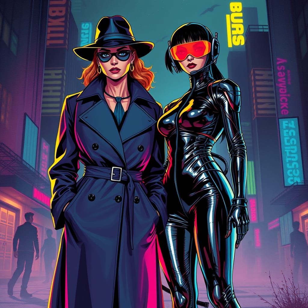 Cyberpunk Goddesses Unite in Dark Cityscape