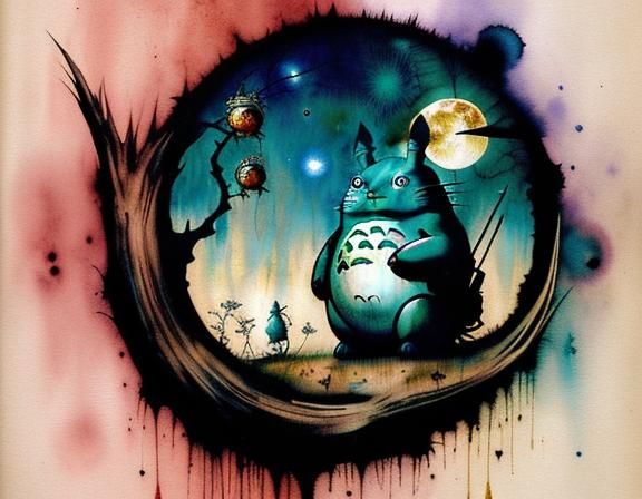 Totoro and Moon in Japanese Art Style
