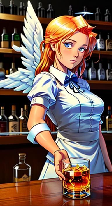 Angelic Bartender, Bartender for Heaven, Heavens Bar, Detailed Bottles of Whiskey, Beautiful angelic face, Expressive Ey...