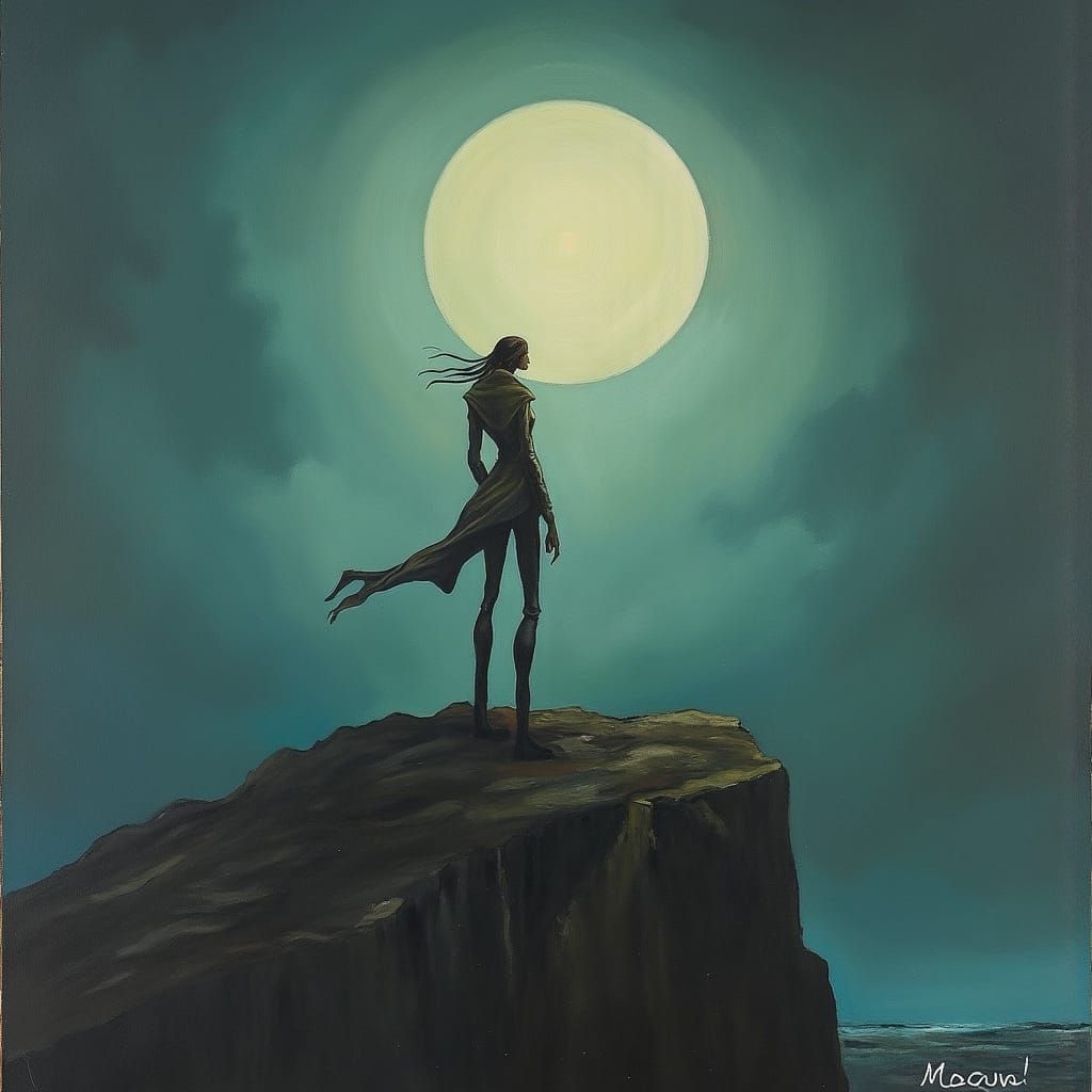 Ethereal Figure on a Moonlit Cliff in a Cinematic, Neo-Noir....