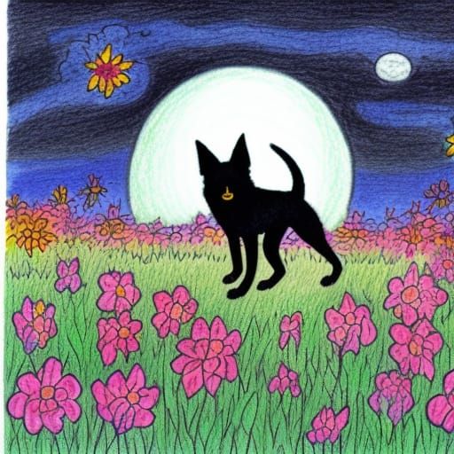 Black Dog Leaps Through Flowers Under Full Moon