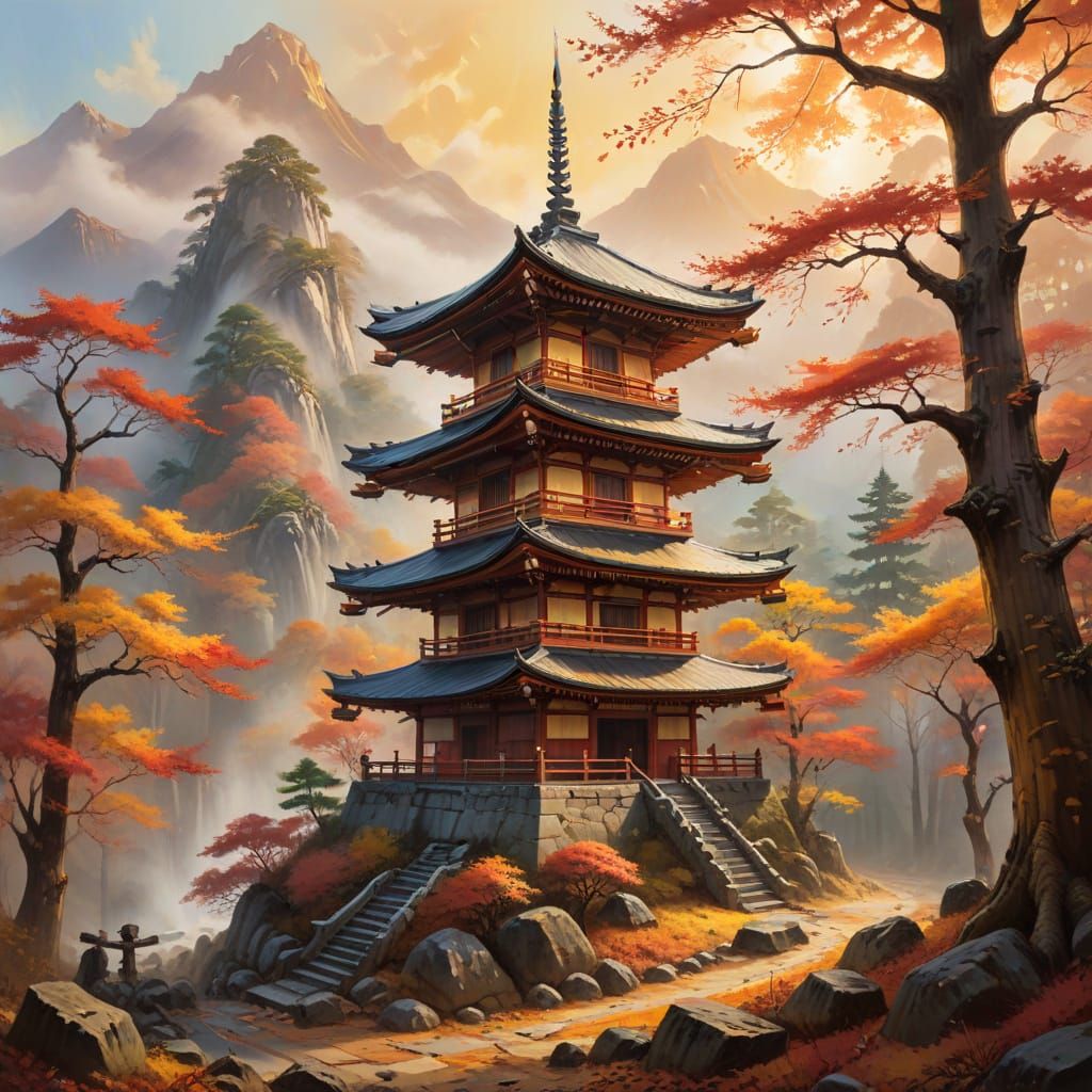 Surreal Japanese Pagoda Amidst Vibrant Autumn Trees