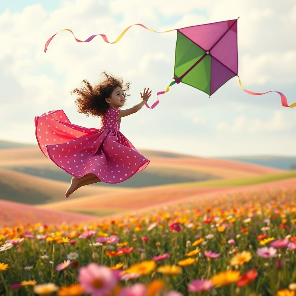 Girl Flying Kite Above Rainbow Wildflower Field