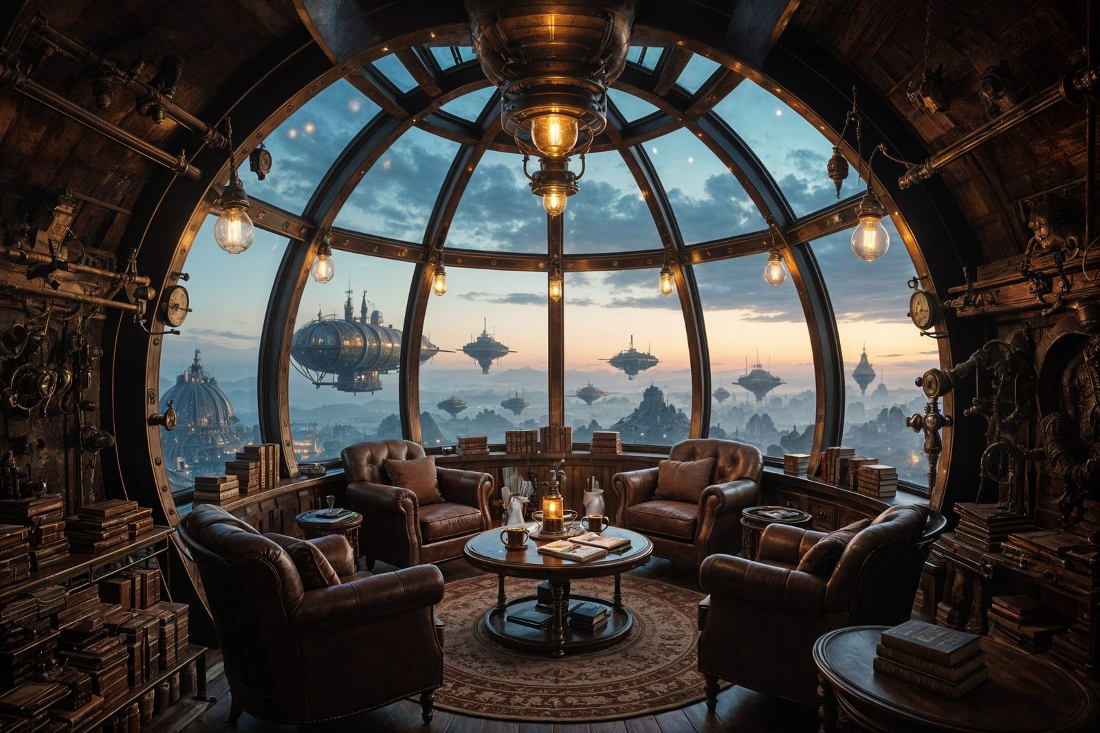 A cozy, circular reading room nestled within a steampunk air...