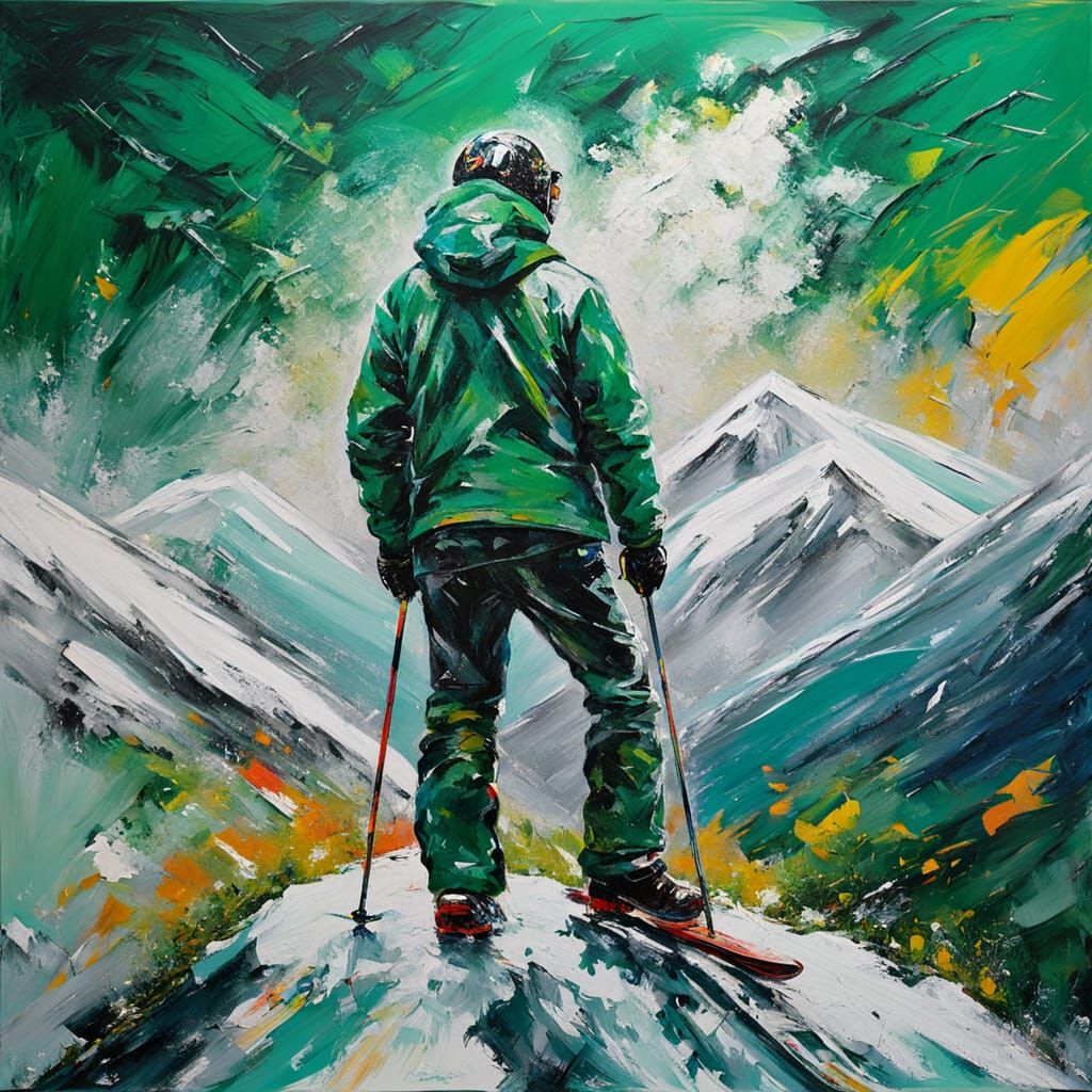 Skier Gazing at Emerald Sky: Abstract Expressionism