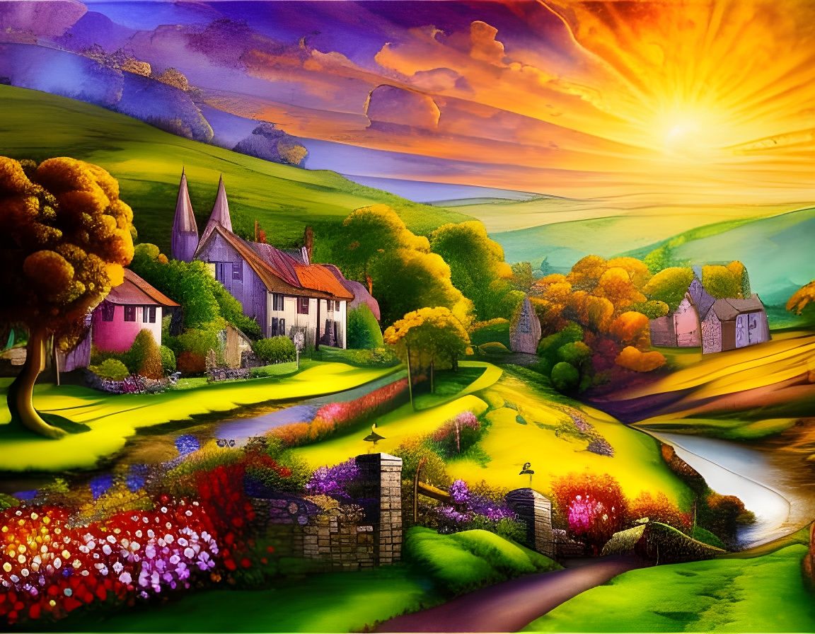 Picturesque English Village in Watercolor Style
