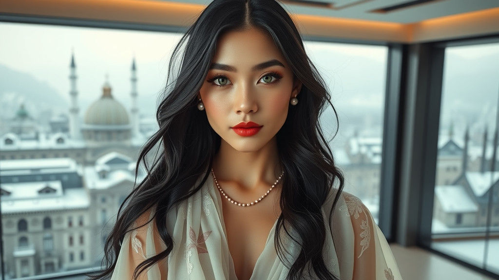 Elegant Woman in Modern Interior with Snowy City View