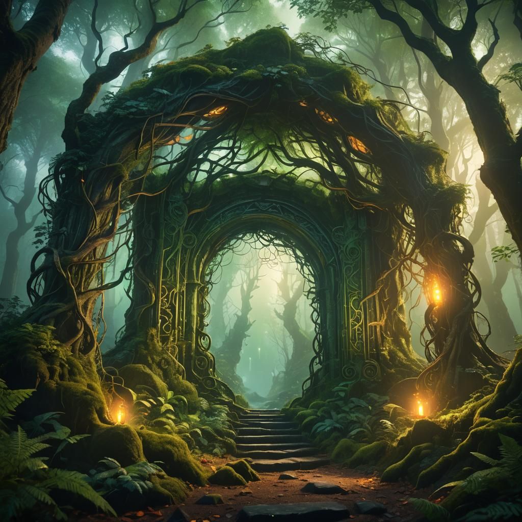 Mystical Portal in Misty Forest, Art Nouveau Style