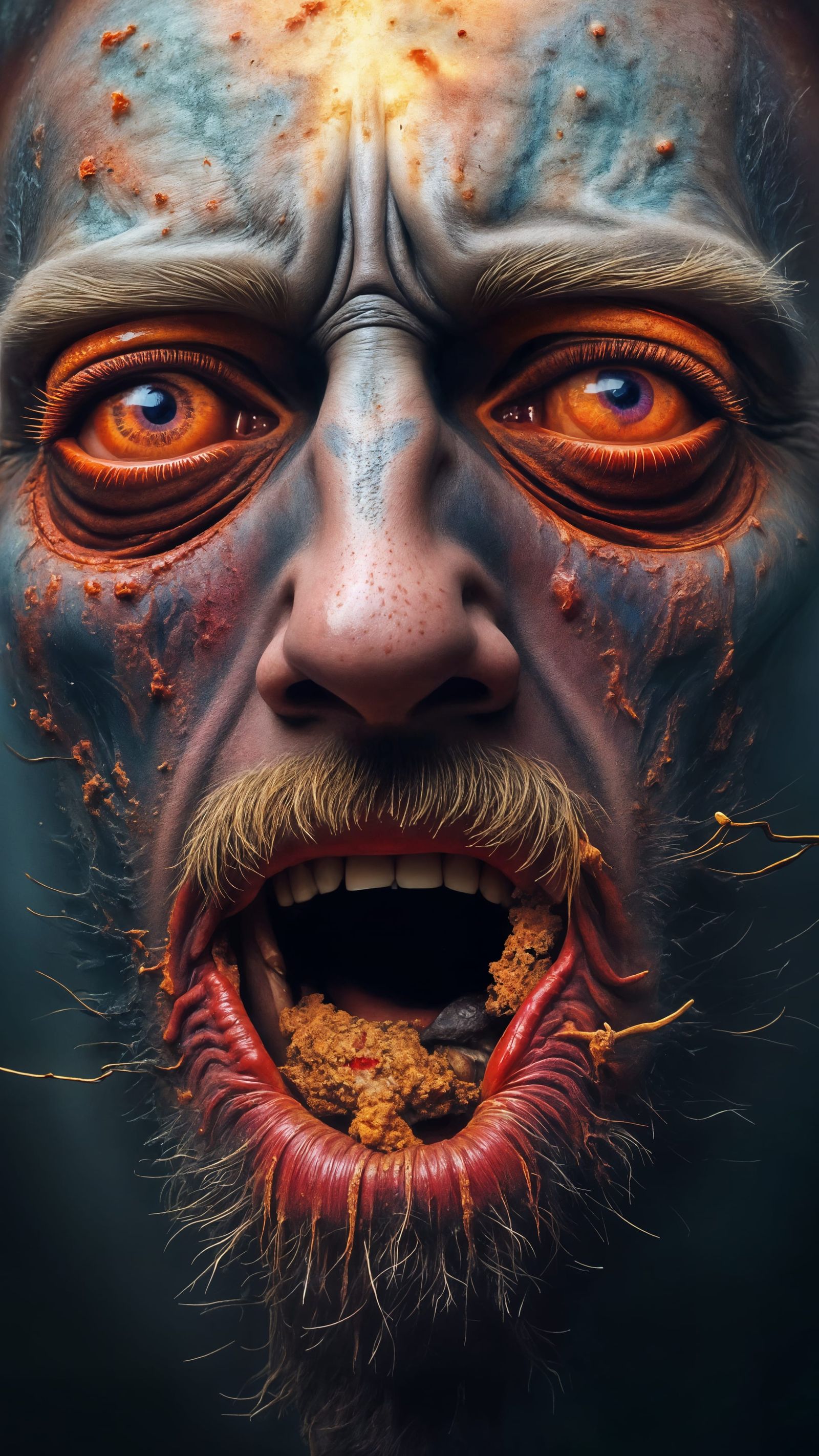 Man Mutation with Fiery Eyes in Fractal Man's Mouth