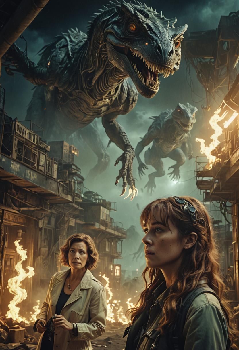 Women in a Haunting Cinematic Scene with Dinosaurs