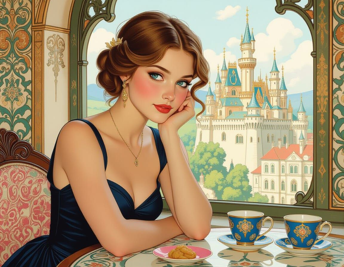 Elegant Woman at Window in Art Nouveau Style