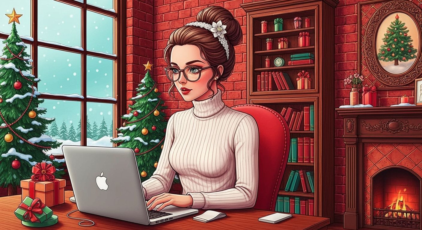 Victorian Style Lady Working on Laptop in Snowy Room