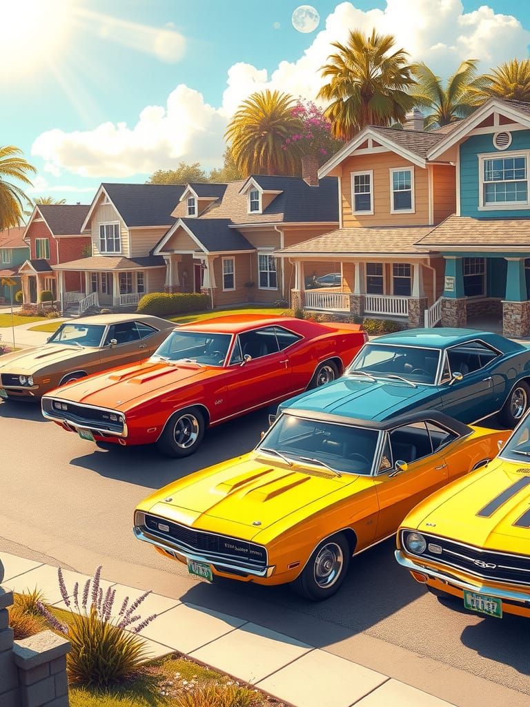 Iconic 1960s American Muscle Cars on Suburban Street