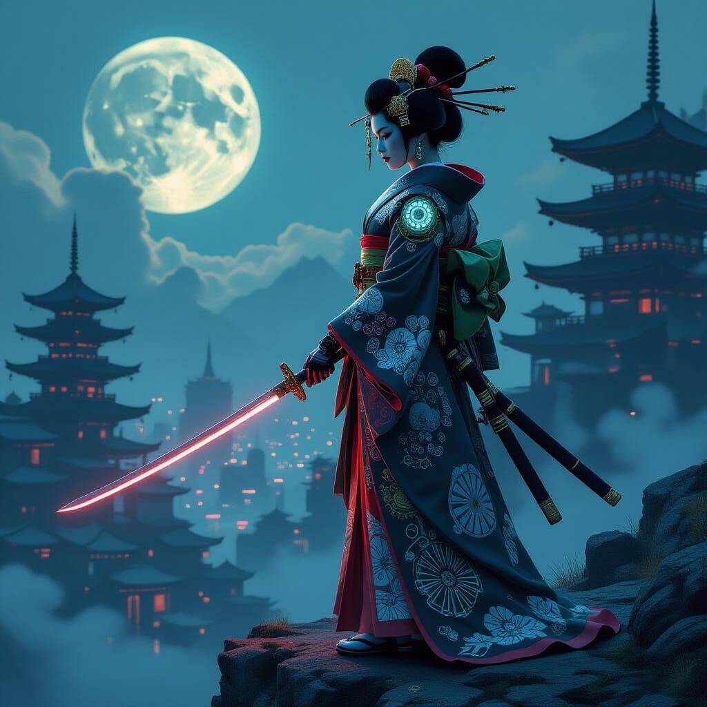 Biomechanical Geisha Warrior in Cyberpunk Cityscape