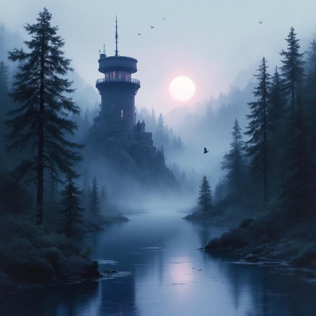 Misty Tower Dreamscape in Acid Ink Watercolor Style