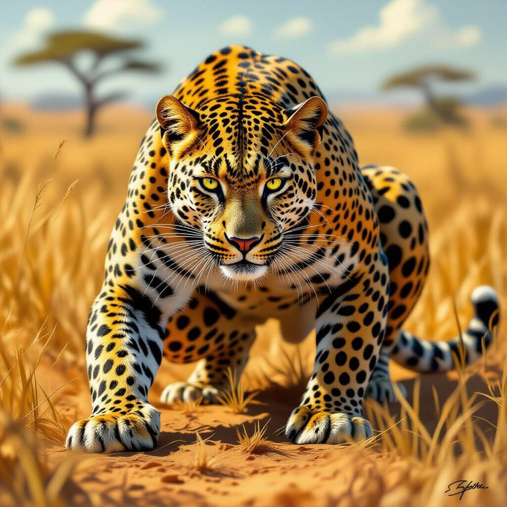 Leopard-Human Assassin Hunts in Sun-Scorched Savanna