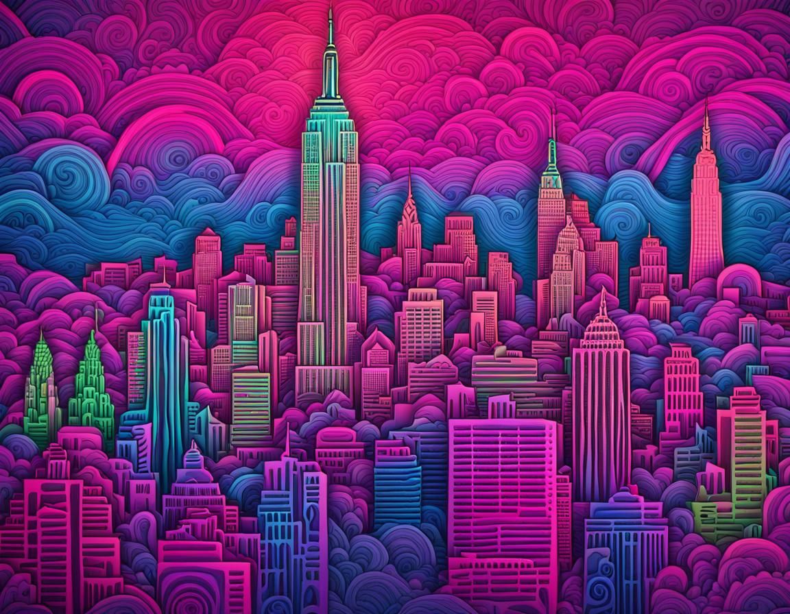 Psychedelic Neon New York City Skyline: Digital Art