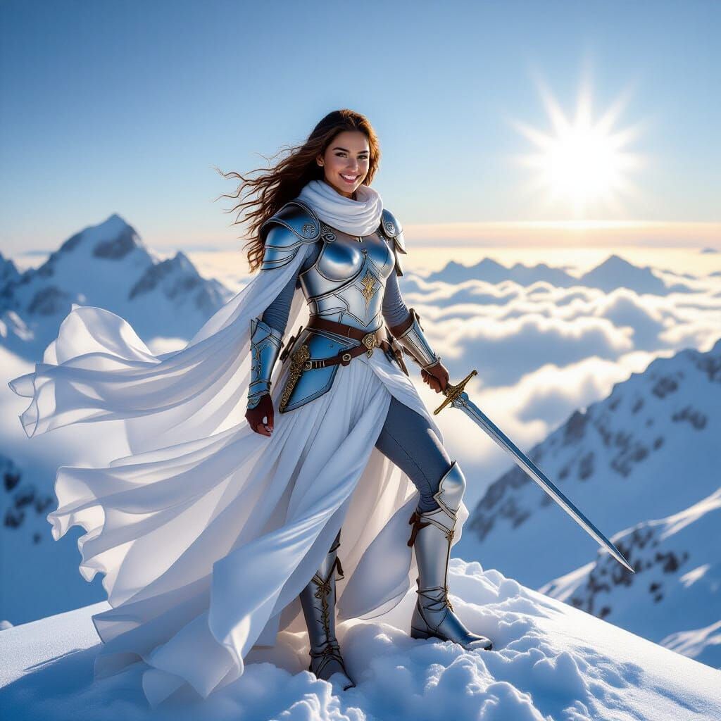 Armored Woman on Mountain Peak in Sunlight
