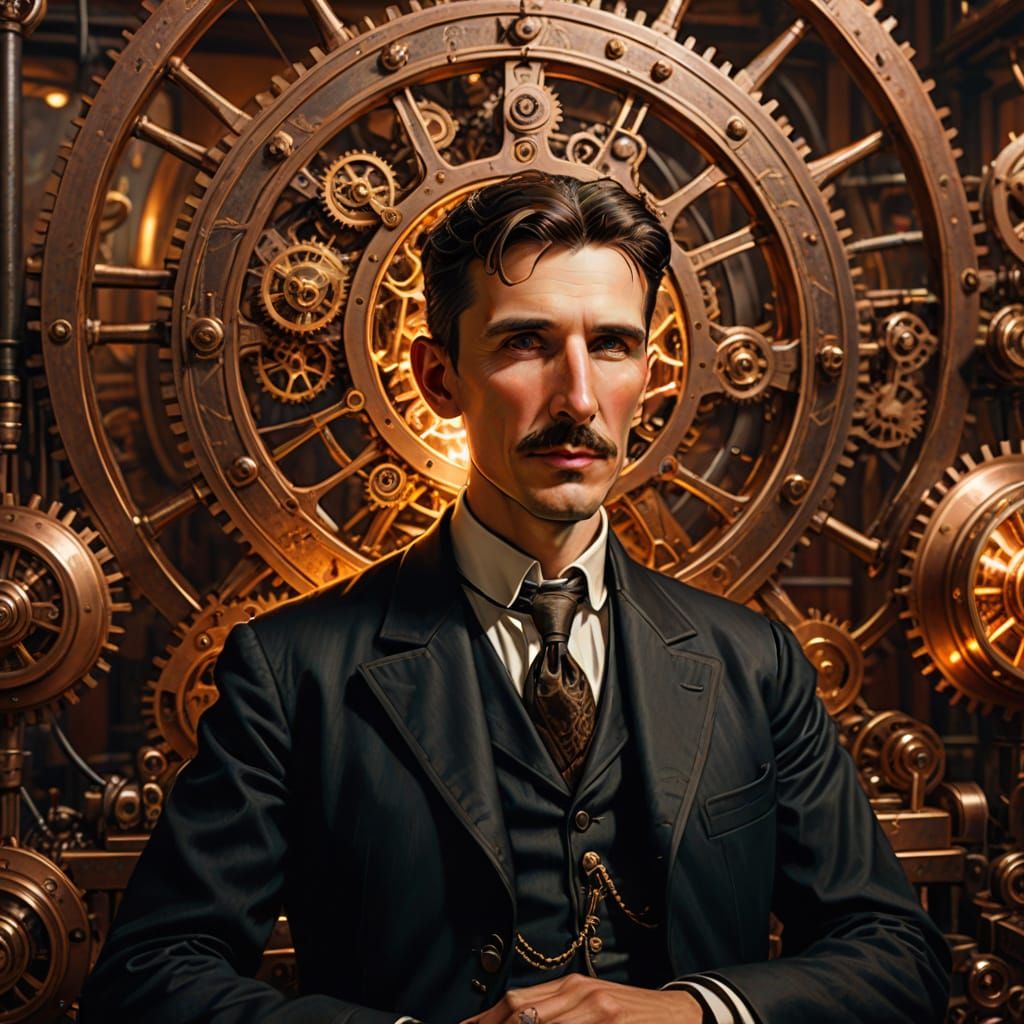 Steampunk Nikola Tesla with Gleaming Copper and Lightning