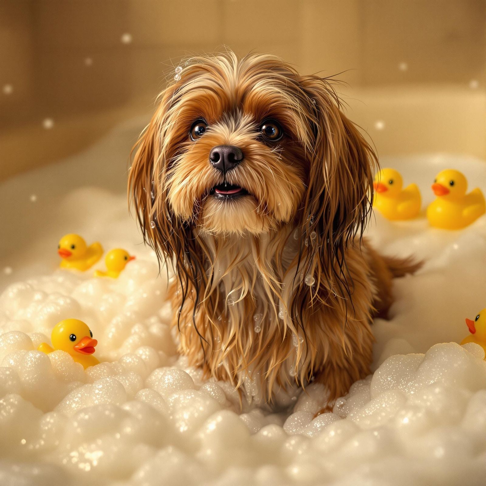 Playful Havanese Dog in Bubble Bath